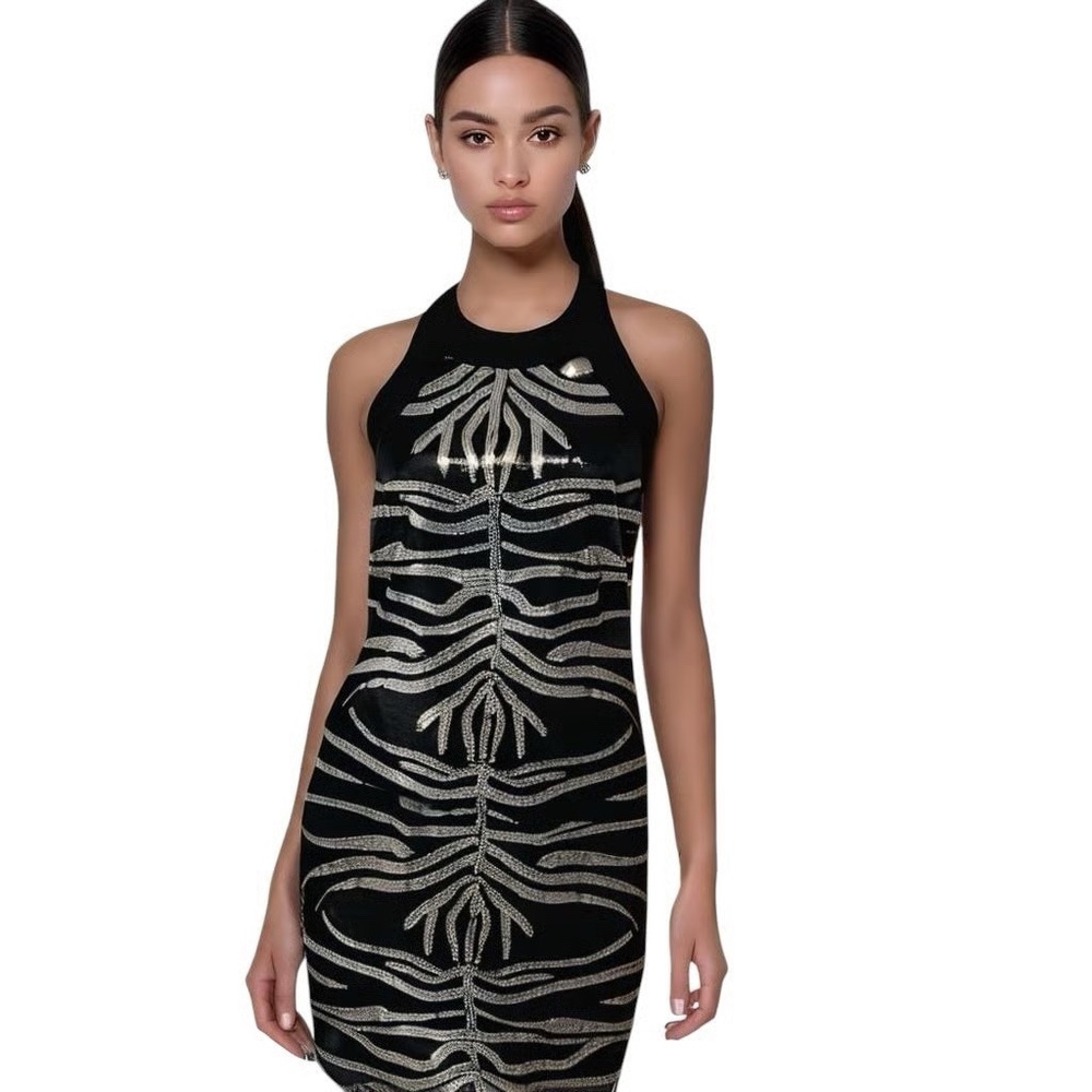 Joseph Ribkoff Black and Silver Patterned‎ Sequin Backless Mini Dress Sz 8 EUC